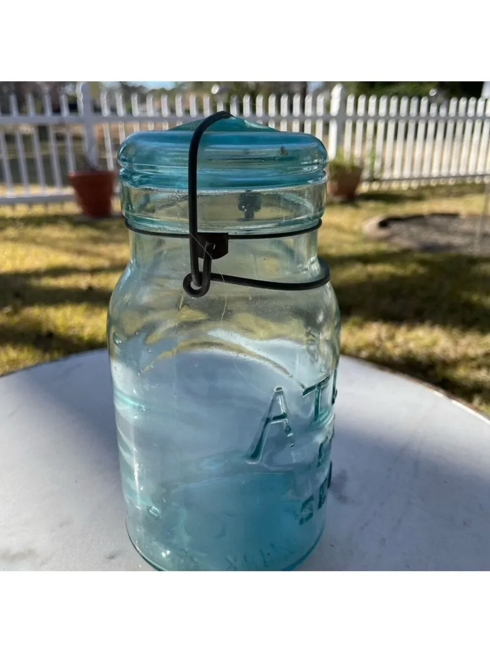 Antique Aqua Blue Atlas E-Z Seal Glass Canning Jar, w/Lid & Wire Bail.